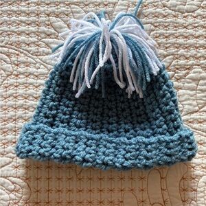 Child's Hat with Pompom Handmade in Blue and White